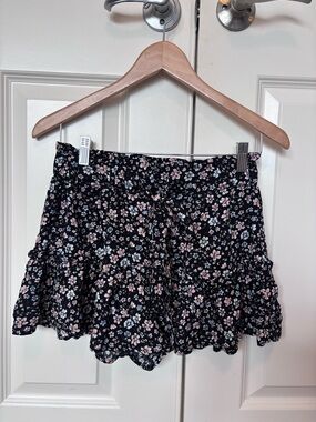 Black Floral Ruffle Mini Shorts - Pink & Blue Flowers